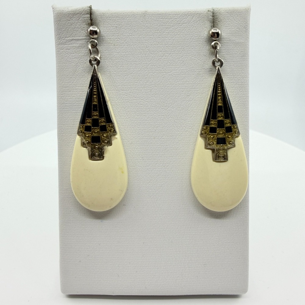 Vintage Art Deco Cream Tear Drop Dangle Earrings Black Gold Tone Geometric